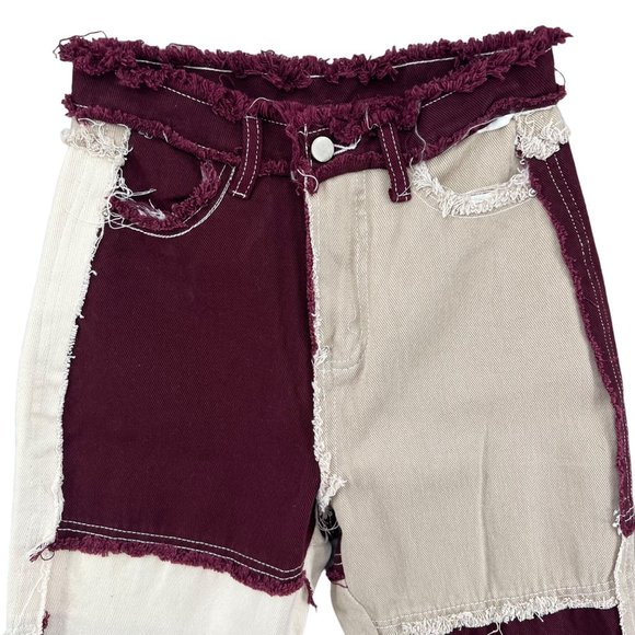 Empty Soda Patchwork Jeans Womens Maroon White Tan Denim Size S - Picture 3 of 11